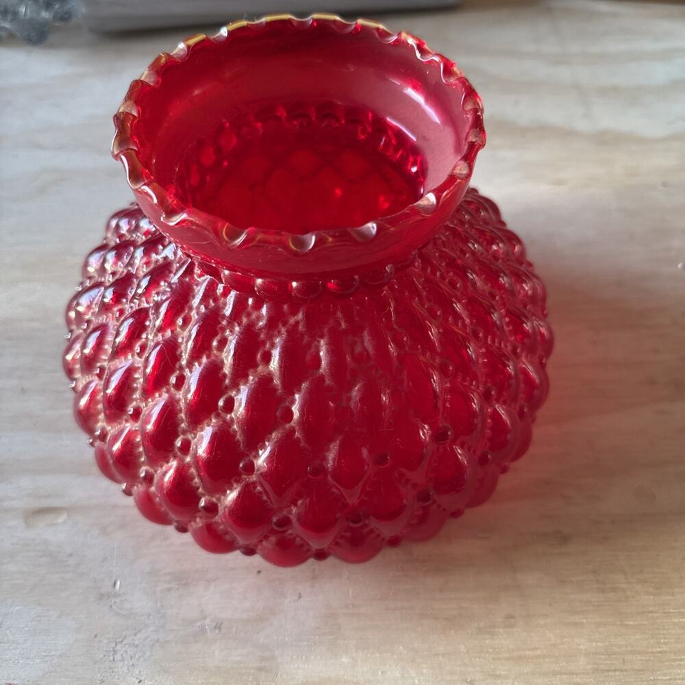 Vintage Ruby Red Glossy Diamond Quilted Glass Hurricane Lamp Shade 10" Fitter